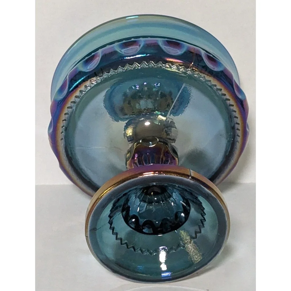 Vintage Indiana Glass King's Crown Blue Carnival Glass Compote Thumbprint 5.75